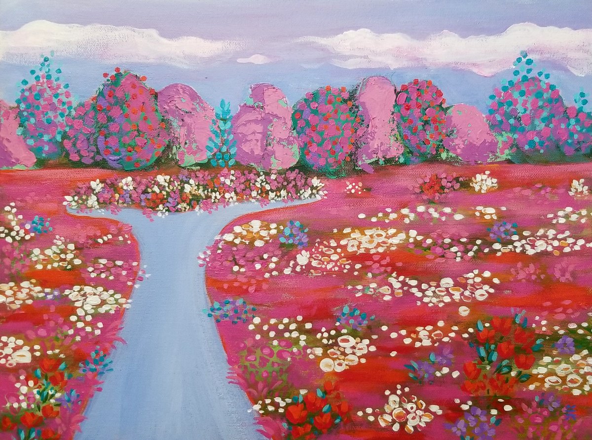 Impressionistic Landscape Acrylic Painting By Karen Rieger, 16 X 12", The Land Of Pink, Original Artwork