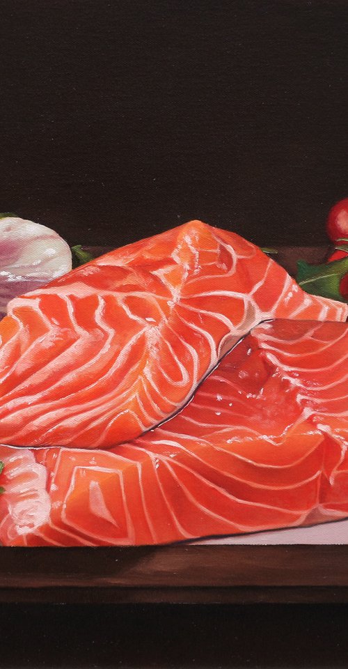 Raw salmon steaks still life by Yue Zeng