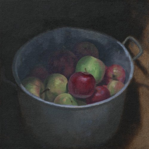 Windfall apples in a metal pan, original oil painting by Mark Taylor