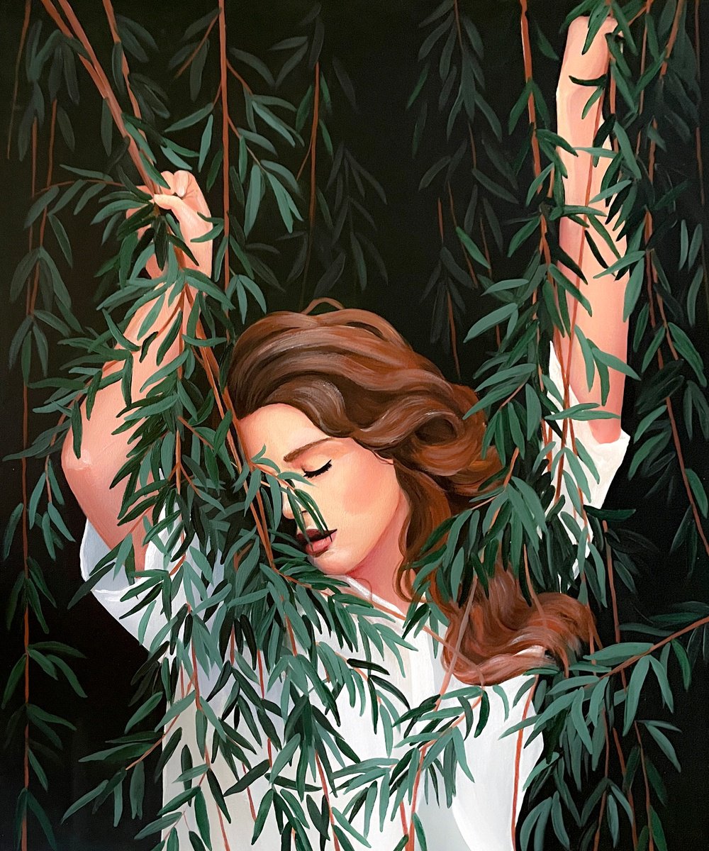 Portrait Acrylic Painting By Elina Zelena, 20 X 24, Girl In The Shade Of Willow, Original Artwork