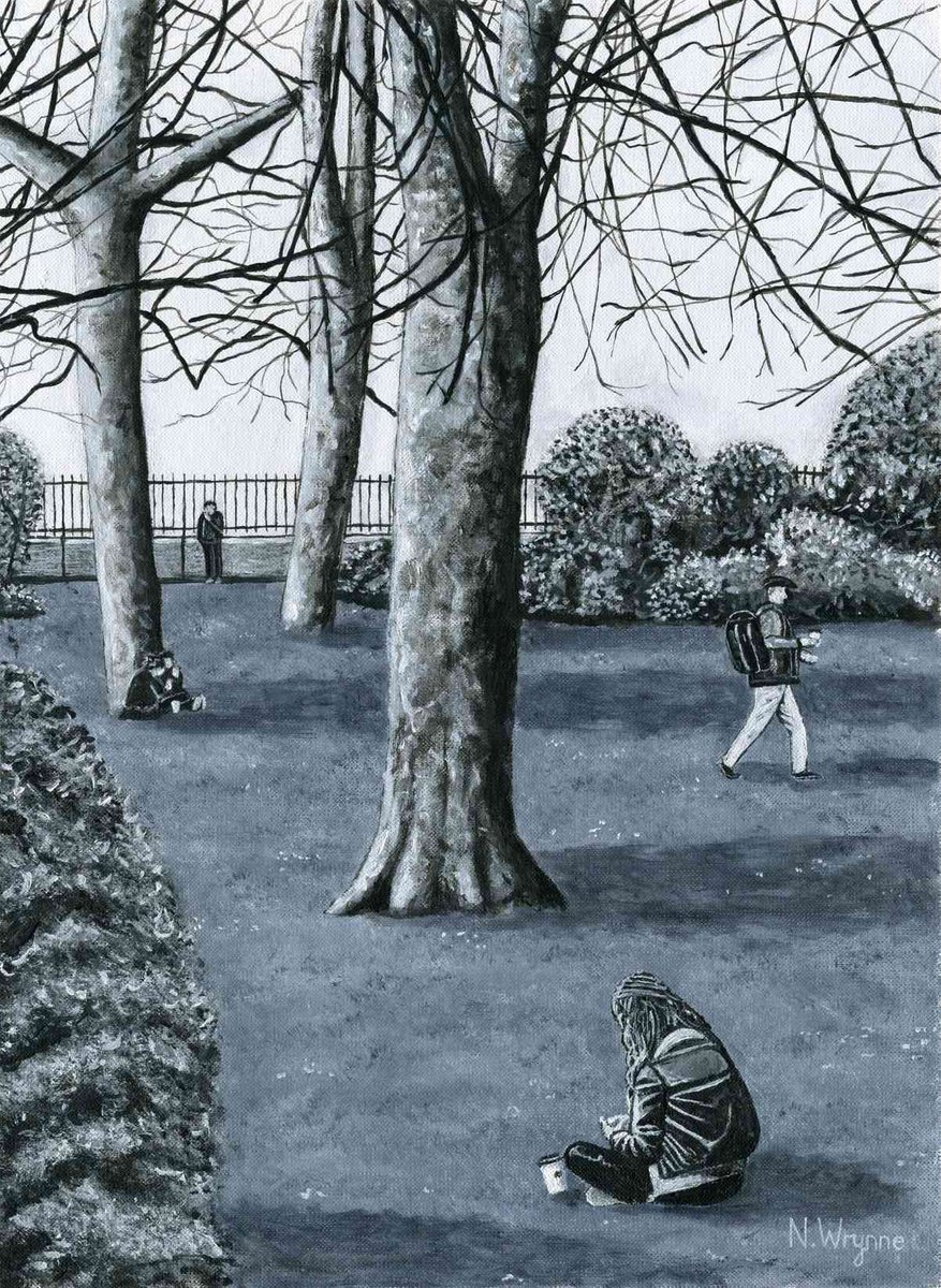 People in Landscape Painting - Coffee In The Park - Acrylic Trees Nature by Neil Wrynne
