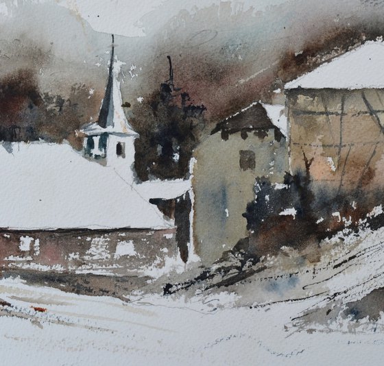 village in winter watercolor