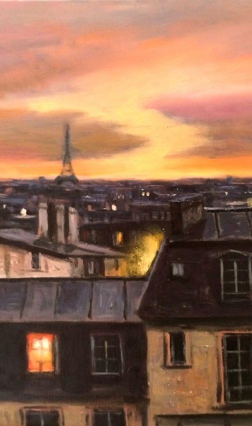 TWILIGHT OVER THE PARIS CITYSCAPE PAINTING by Borko Sainovic