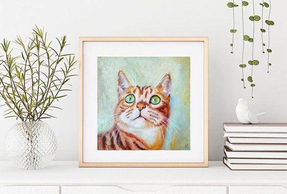 Cute Cat Portrait Artwork Cat Oil Painting Funny Pet Wall Art Kitten Art