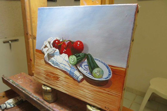 Cucumber, Tomatoes and Tea Towel, Original Oil Painting by Anne Zamo