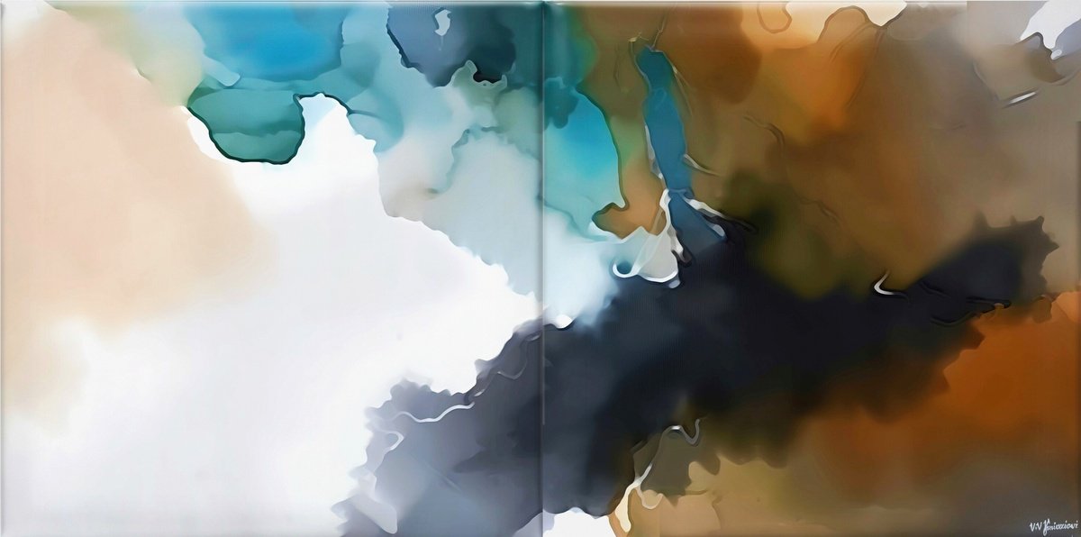 Abstract Acrylic Painting By V+V Kniazievi, 83 X 43", Diptych - Universe Waves”, Original Artwork