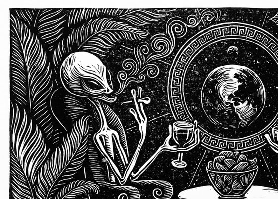 Alien couple. UFO art. Linocut print.