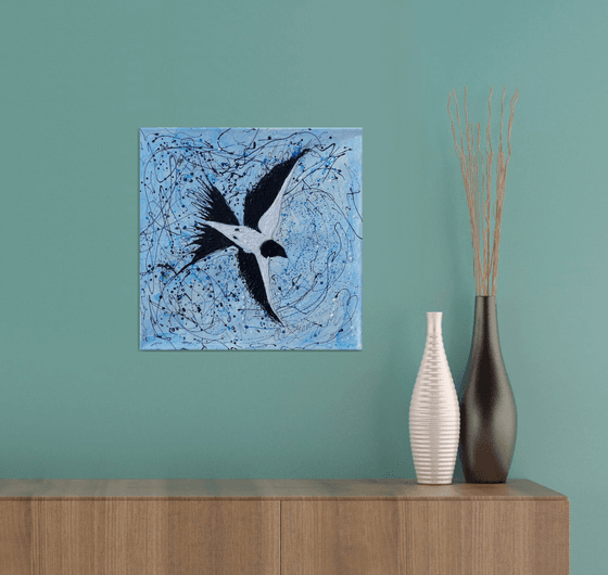 Abstract Bird Against the Sky Pollock Inspired + Palette Knife Painting on Canvas - 14 "X 14" X 0.5"