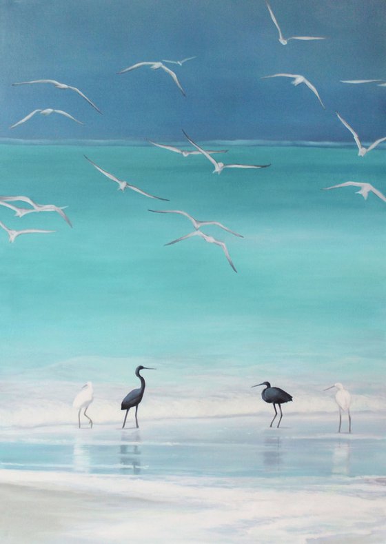 "Cattle Egret" Turquoise seascape oil art