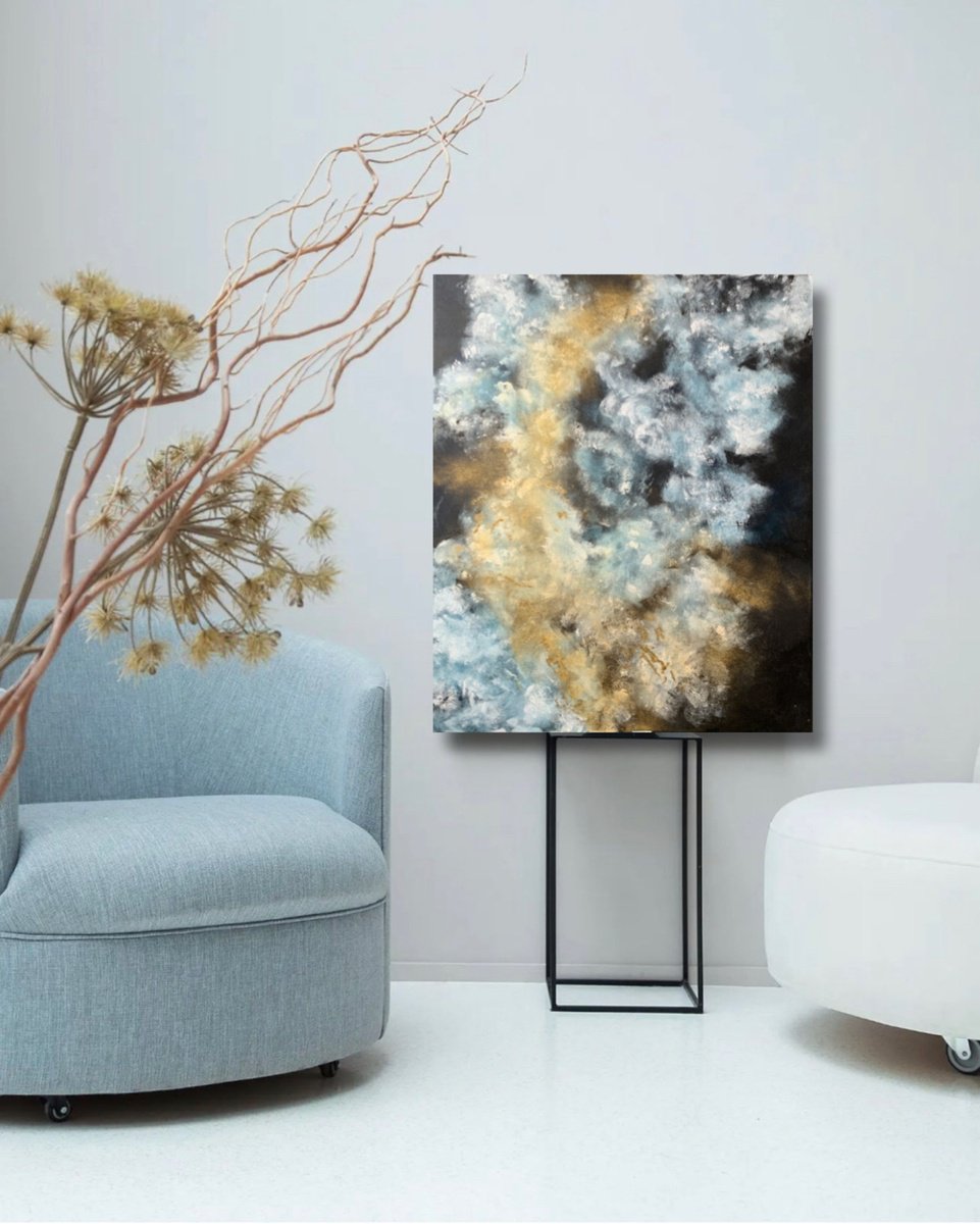 Clouds abstract artwork. Sky with white and golden clouds wall art. by Marina Skromova