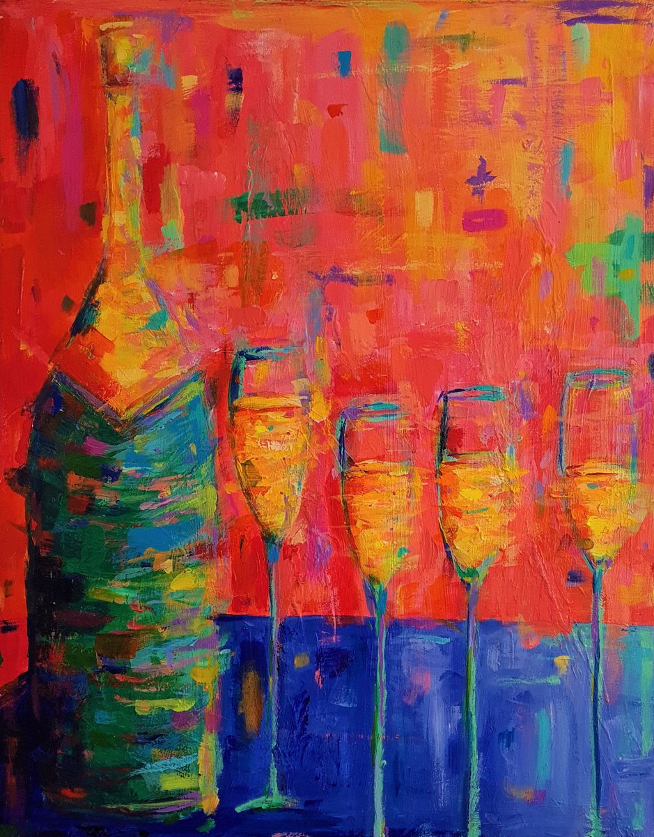 Impressionistic Still Life Acrylic Painting By Dawn Underwood, 16 X 20, Prosecco Bottle And Glasses, Original Artwork