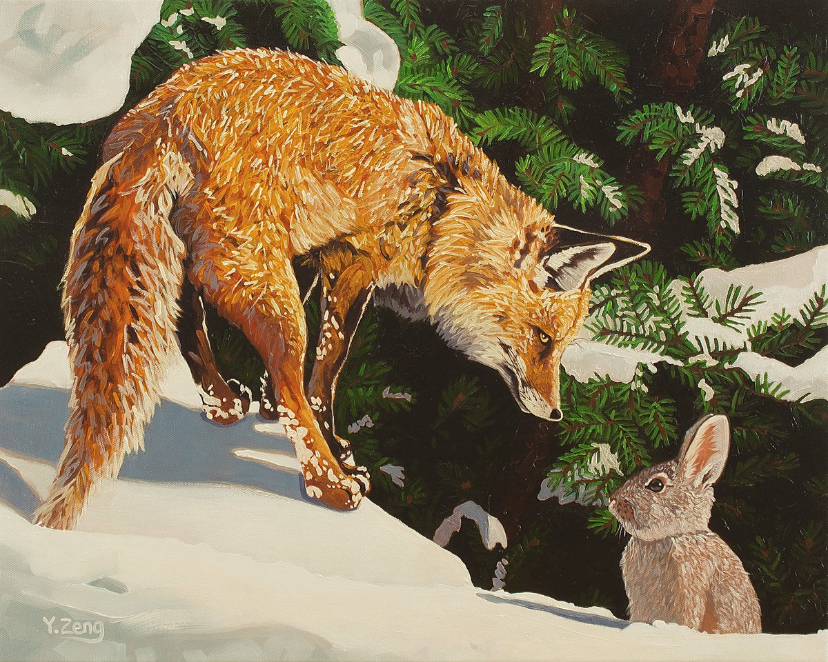 Surrealistic Oil Painting , Fox And Rabbit By Yue Zeng, 20 X 16, Artwork For Sale On Artfinder
