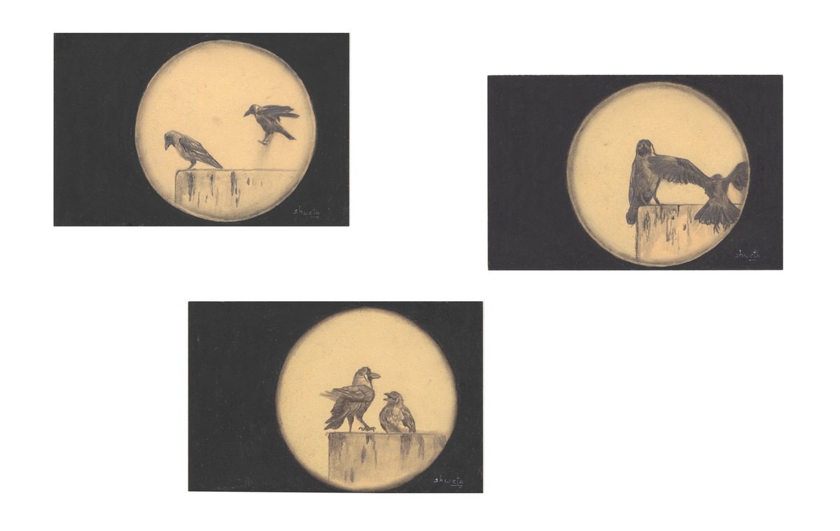 Indian House Crows Postcard Charcoal Drawing II by Shweta  Mahajan