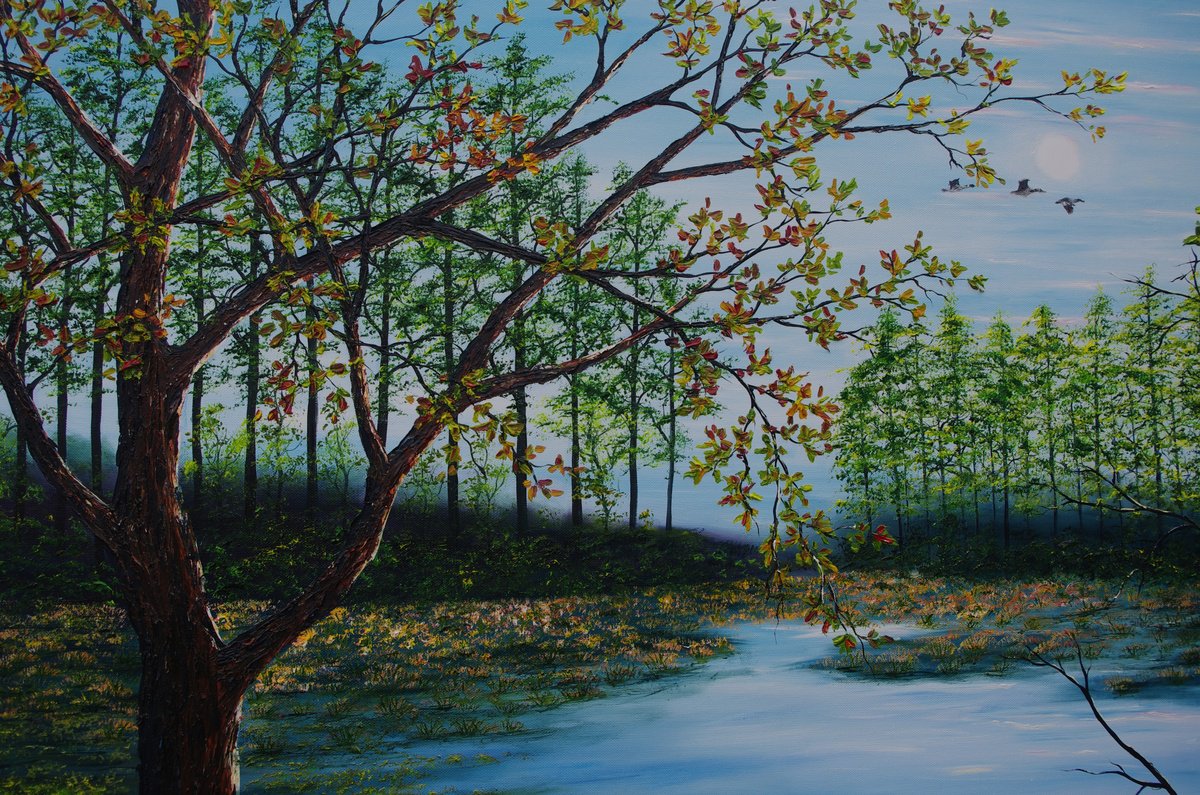 Impressionistic Landscape Oil Painting By Hazel Thomson, 59 X 39, A Delamere Dawn, Original Artwork