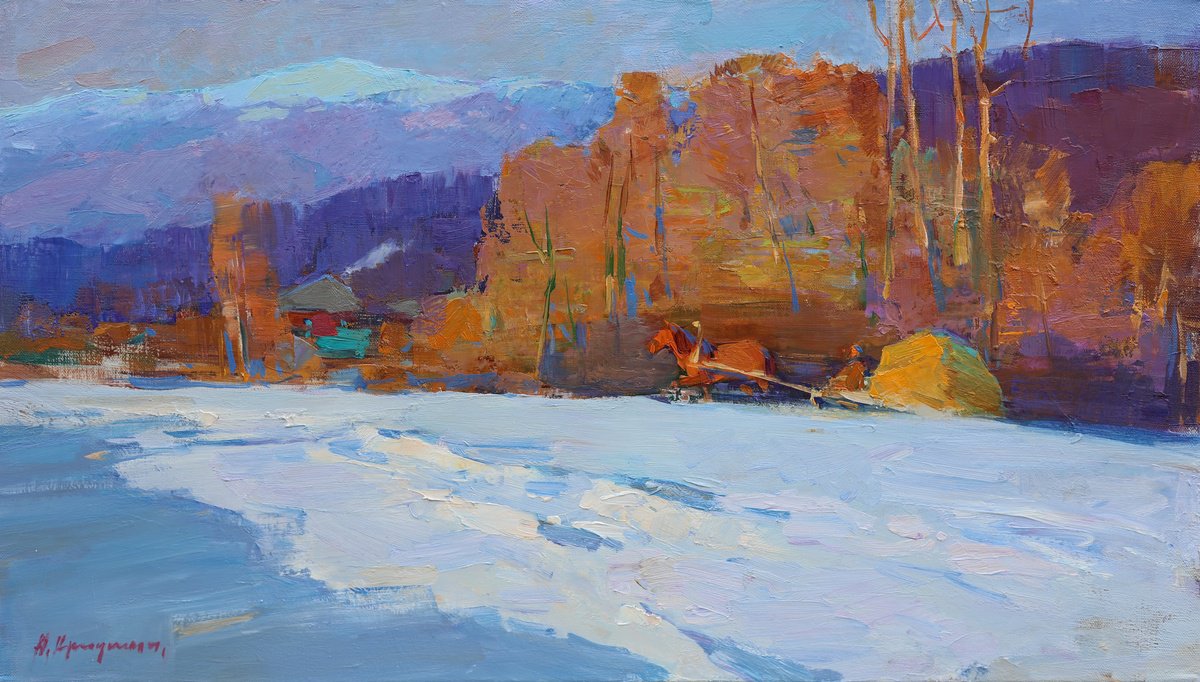 Impressionistic Landscape Oil Painting By Aleksandr Kryushyn, 28 X 16, Winter Morning In The Mountain, Original Artwork