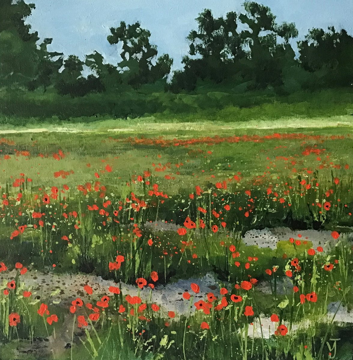 Impressionistic Landscape Acrylic Painting By Valerie Jobes, 10 X 10", Poppy Field, Original Artwork