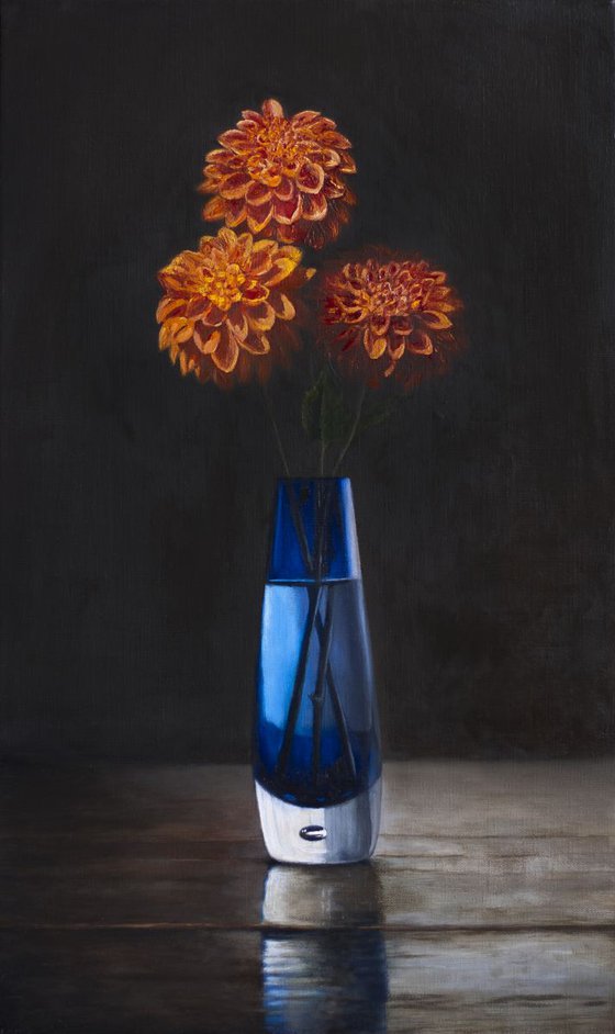 Orange Dahlias, Blue Vase