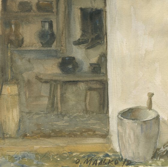 The pantry room (At the museum) / Old house interior Small size watercolor Original painting