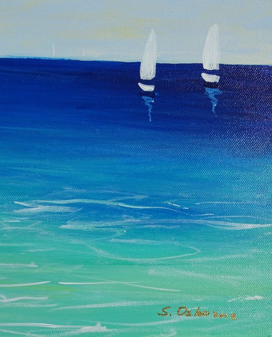 Sailing Boats Seascape Painting. Beach, Ocean, Sea Waves, Sky with Clouds. Coastal Decor Art.