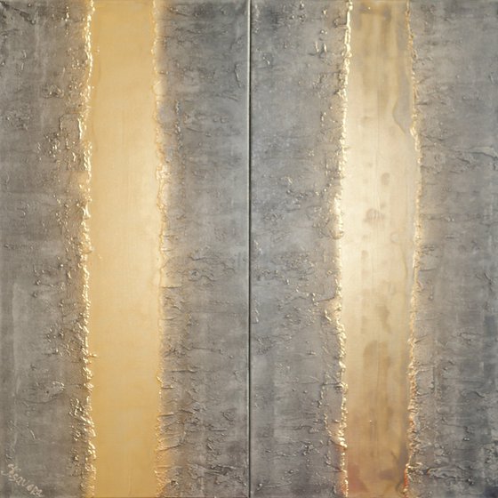 gold stripe & steel long painting A719 50x200x2 cm decor Vertical original abstract art Large paintings stretched canvas acrylic art industrial metallic textured wall art