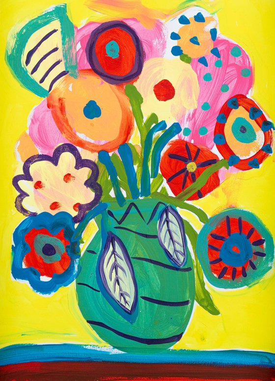 Yellow Flowers in Vase Acrylic Painting