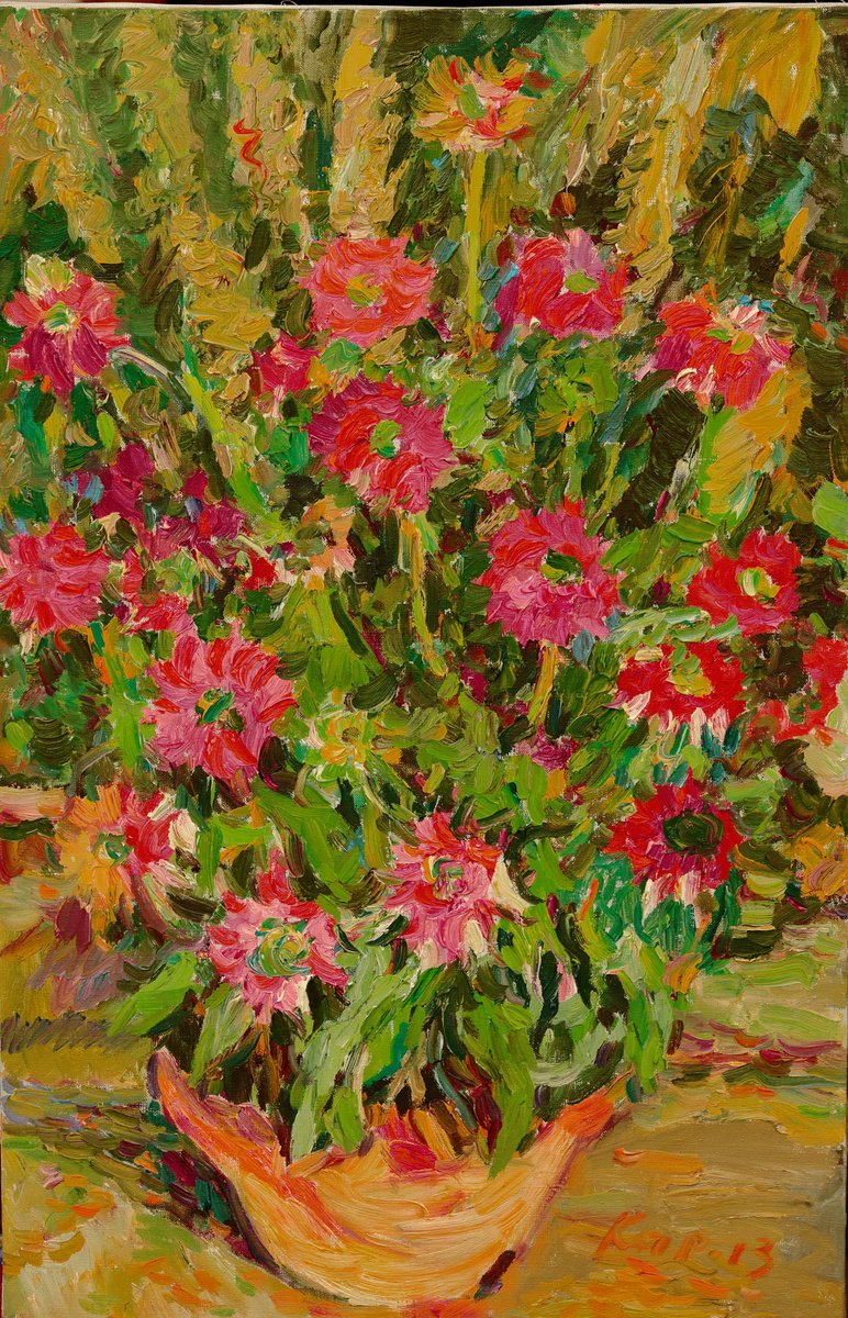 Spring Flowers - Still Life - Oil Painting - Red Flowers in Vase - Floral Art - Medium Siz... by Karakhan