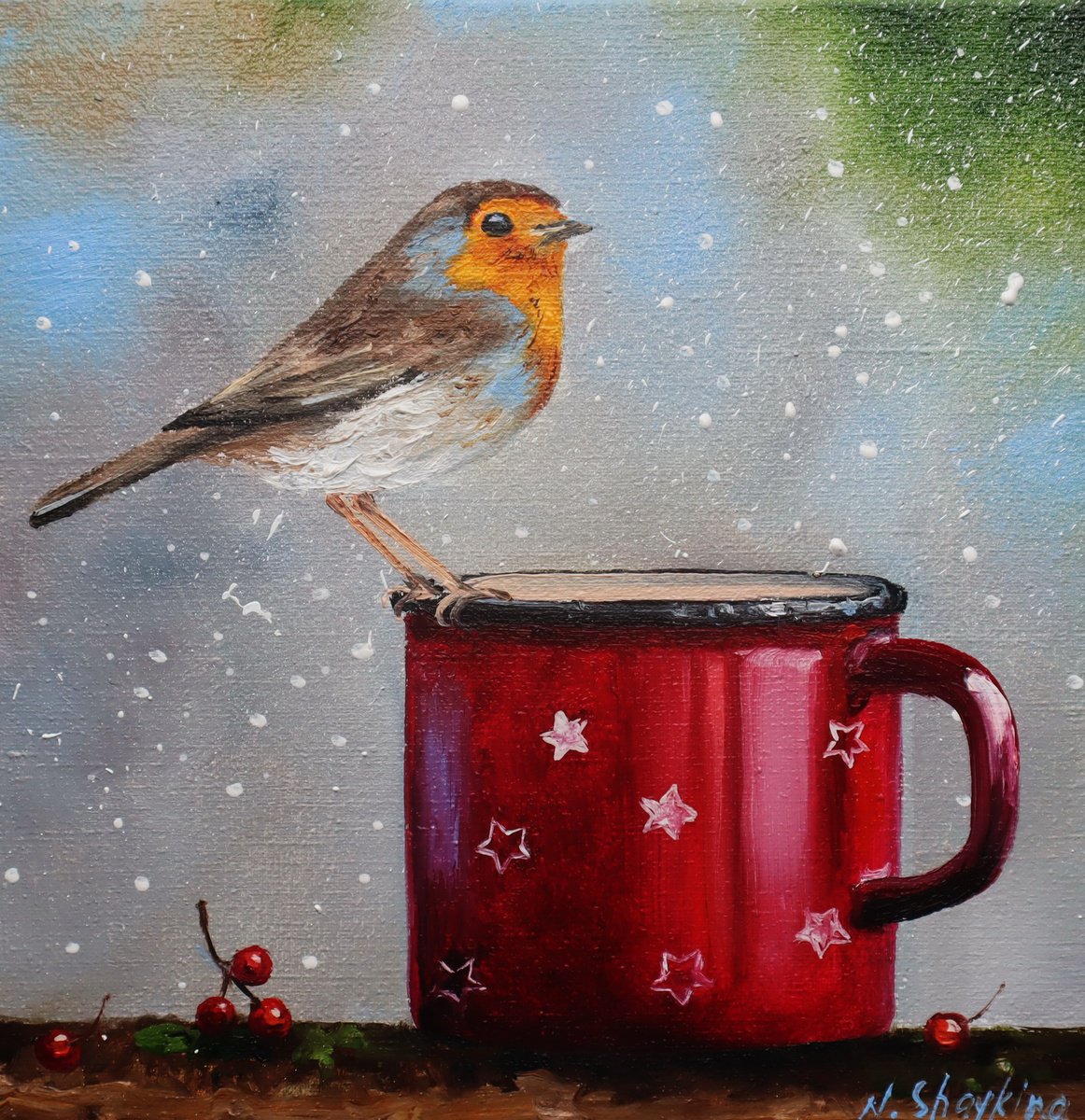 Winter Robin Bird, Xmas Art by Natalia Shaykina