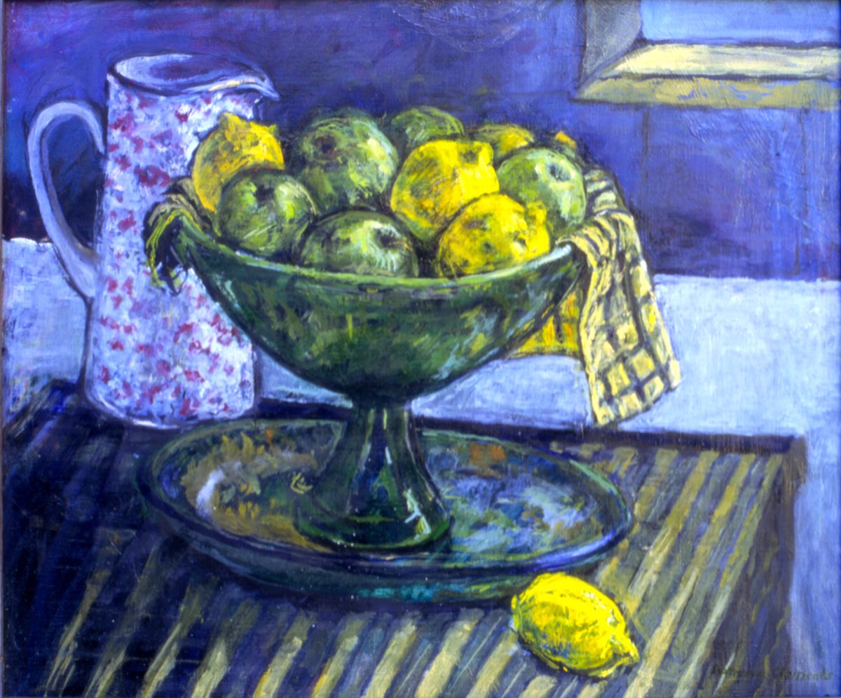 Impressionistic Still Life Oil Painting By Patricia Clements, 36 X 32", Apples And Lemons, Original Artwork