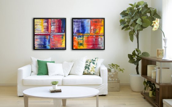 "Birds Of A Feather" - Save As A Series - Original PMS Abstract Diptych Oil Paintings On Plexiglass, Framed - 52" x 26"