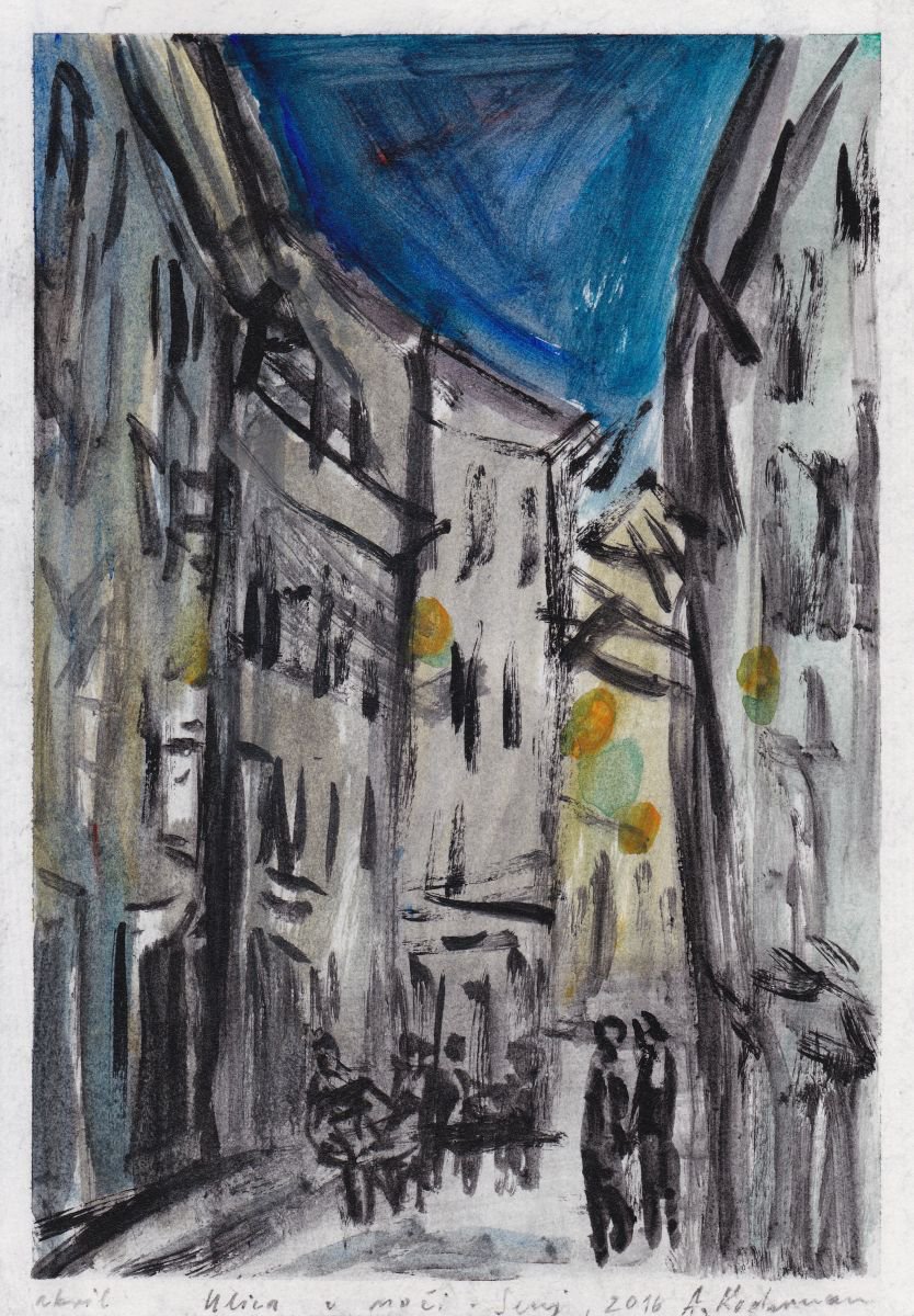 Street at Night  - Ulica v noci, Senj, August 2016, acrylic on paper, 28.4 x 19.8 cm by Alenka Koderman