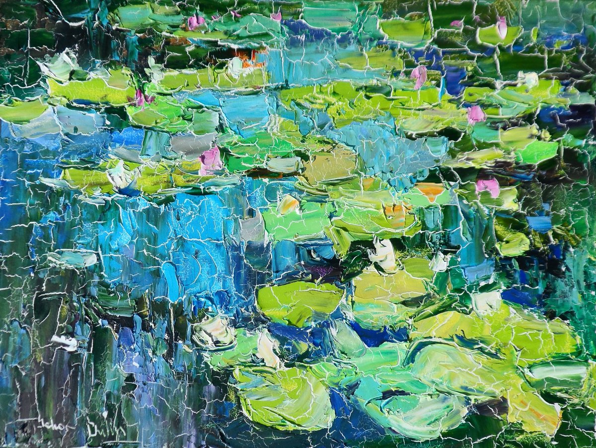 Impressionistic Landscape Oil Painting By Yehor Dulin, 16 X 12", "Water Lilies ", Original Artwork