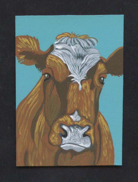 ACEO ATC Original Miniature Painting Brown Cow Farmyard Art-Carla Smale