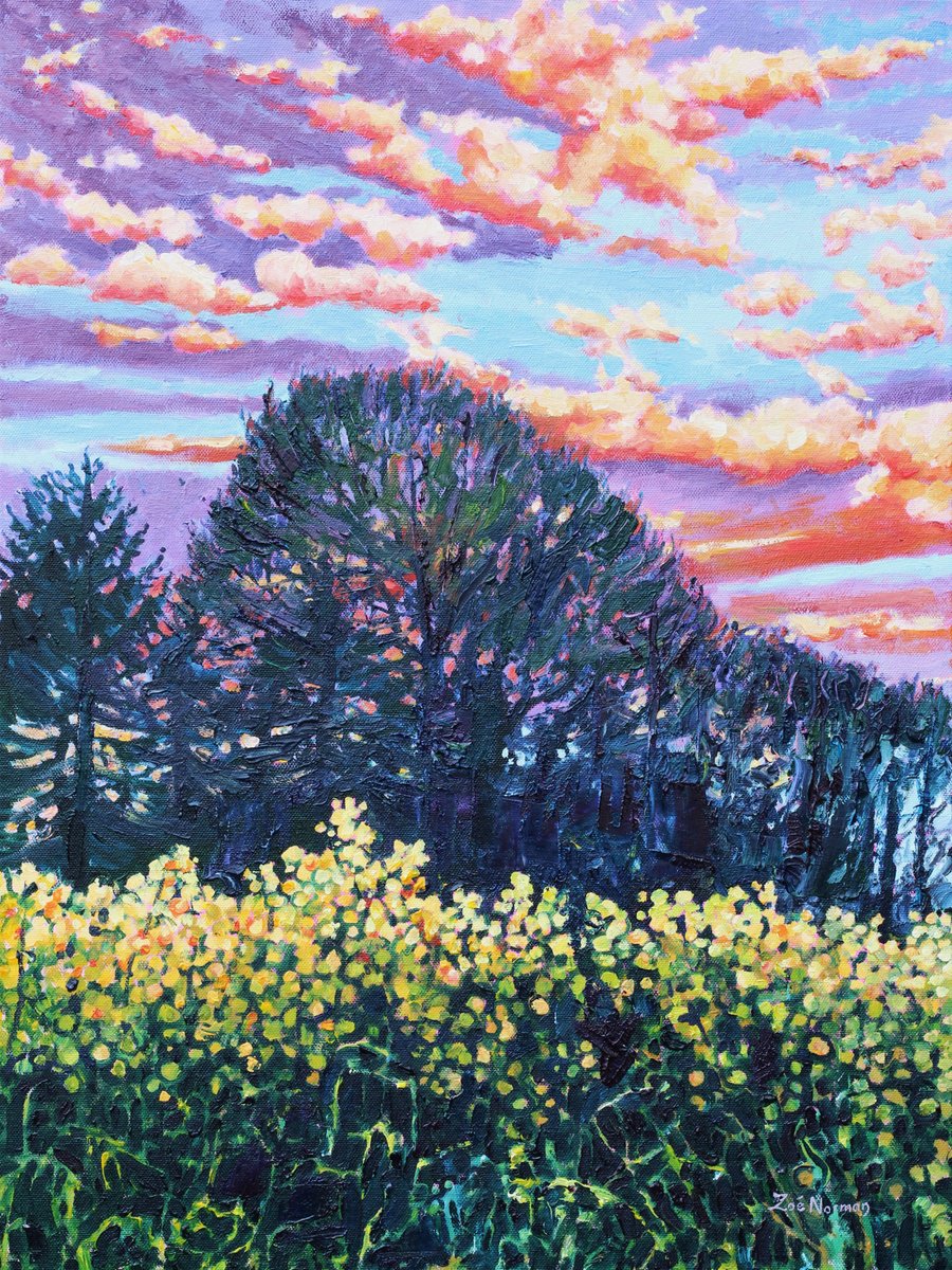 Impressionistic Botanical Oil Painting By Zoe Elizabeth Norman, 18 X 24", Golden Evening - Sunset And Trees, Original Artwork