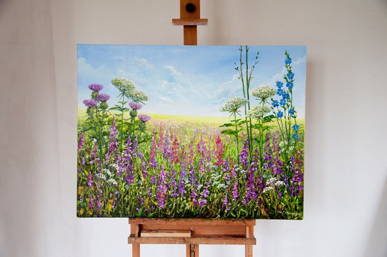 Meadow flowers. Oil painting. Field of flowers. Flower landscape. 33 x 26in.