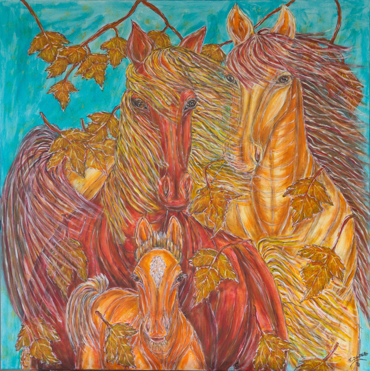 Impressionistic Animal Acrylic Painting By Kim Jones Miller, 36 X 36", A Family Portrait, Original Artwork