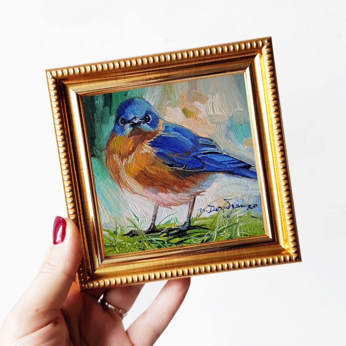Eastern Bluebird painting original in oil 4x4 framed by Nataly Derevyanko