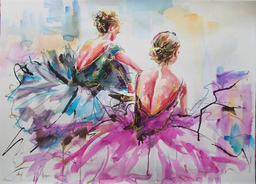 Conversation-Ballerina Mixed Media  Painting on Paper by Antigoni Tziora