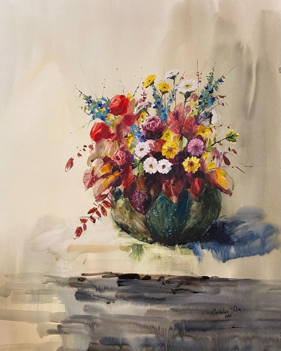 Watercolor -A pumpkin with flowers, perfect gift by Iulia Carchelan