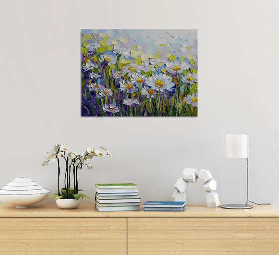 Daisies painting, Chamomiles flowers white daisies blooming original impasto oil canvas artwork