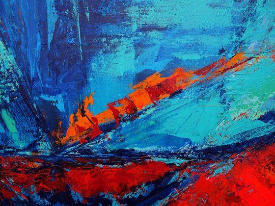 Large Abstract Blue Turquoise Red Landscape Painting. Modern Textured Art. Abstract. 61x91cm.