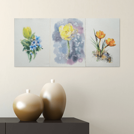 Triptych yellow flowers
