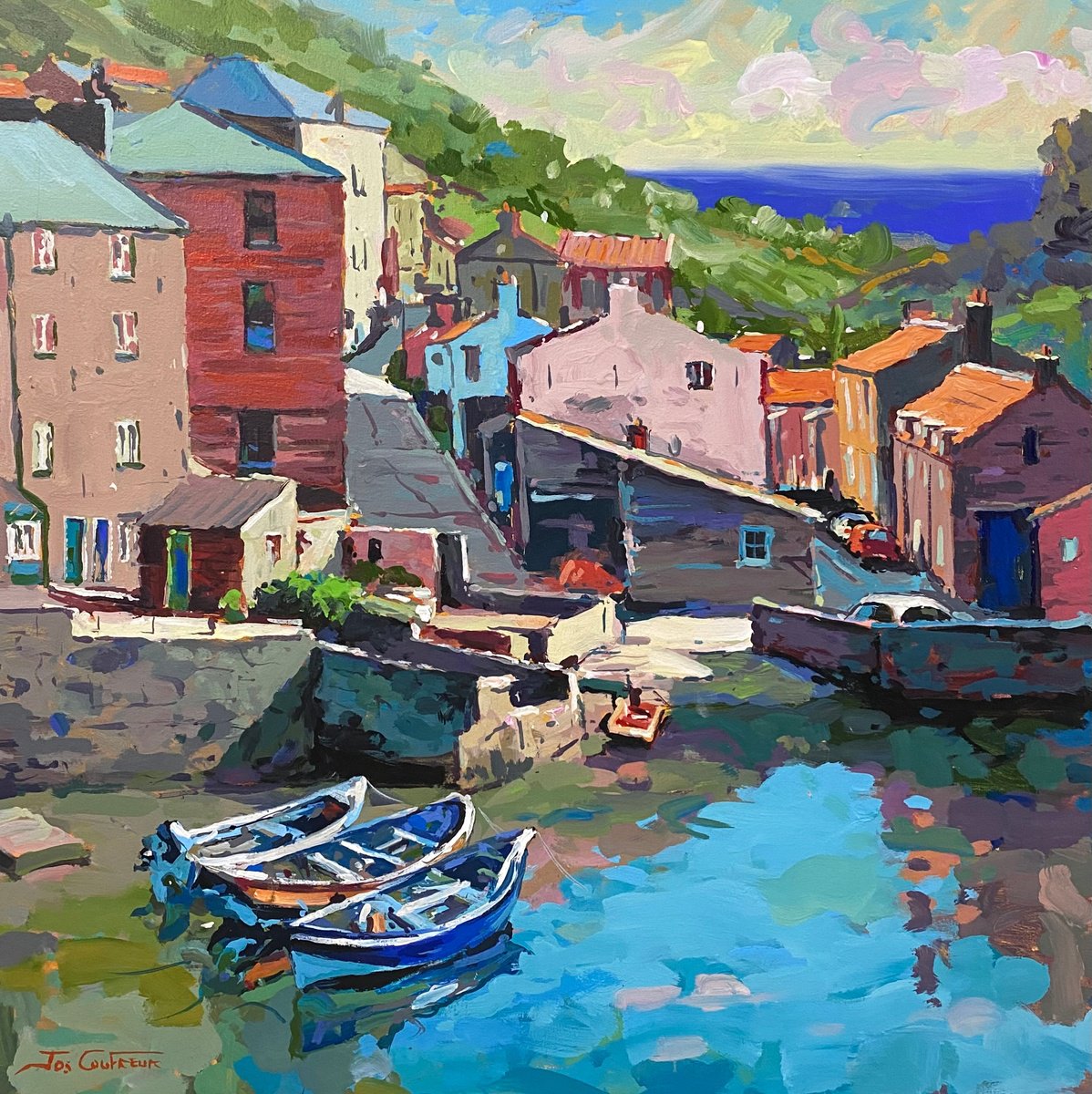 Impressionistic Cityscapes Acrylic Painting By Jos Coufreur, 37 X 37, Staithes, Yorkshire Uk, Original Artwork