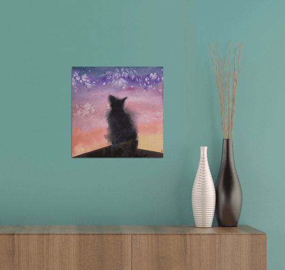 Cat Watercolor Painting, Abstract Black Cat Original Artwork, Sunset Wall Art, Cat Lover Gifts