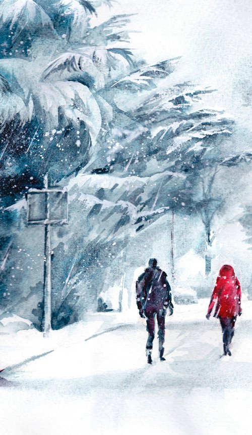 Stroll in the snow, original watercolour painting of a couple in snow by Anjana Cawdell