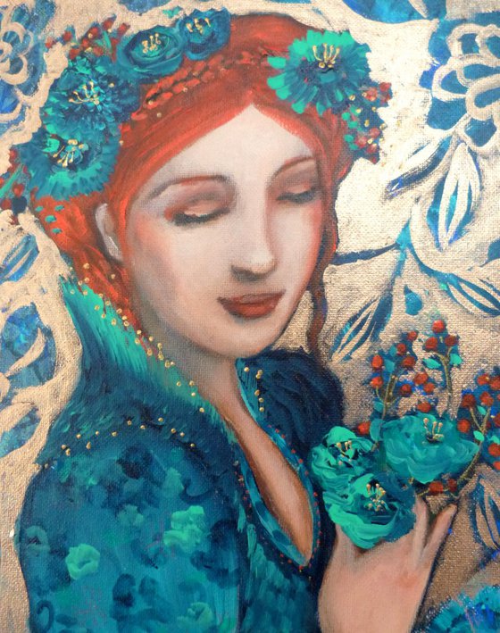 "Blue calm" woman portrait 27x 35cm