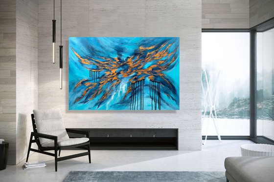 COMMISSIONED ARTWORK FOR M N-K - Blue Planet #2 - XL LARGE,  TEXTURED ABSTRACT ART – EXPRESSIONS OF ENERGY AND LIGHT. READY TO HANG!