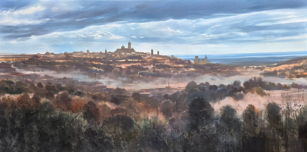 Expressive Cityscapes Oil Painting By Rafael Carrascal, 39 X 20", Bella Segovia, Original Artwork