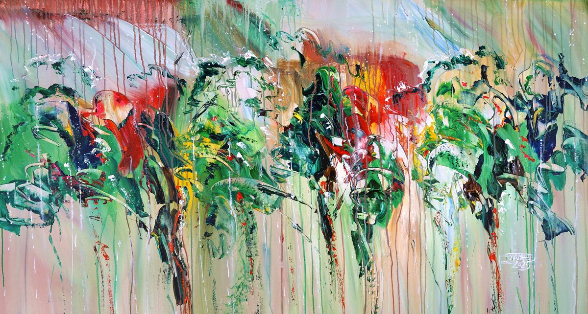 Abstract Acrylic Painting By Peter Nottrott, 61 X 33", Green Nature Impressions C 1, Original Artwork