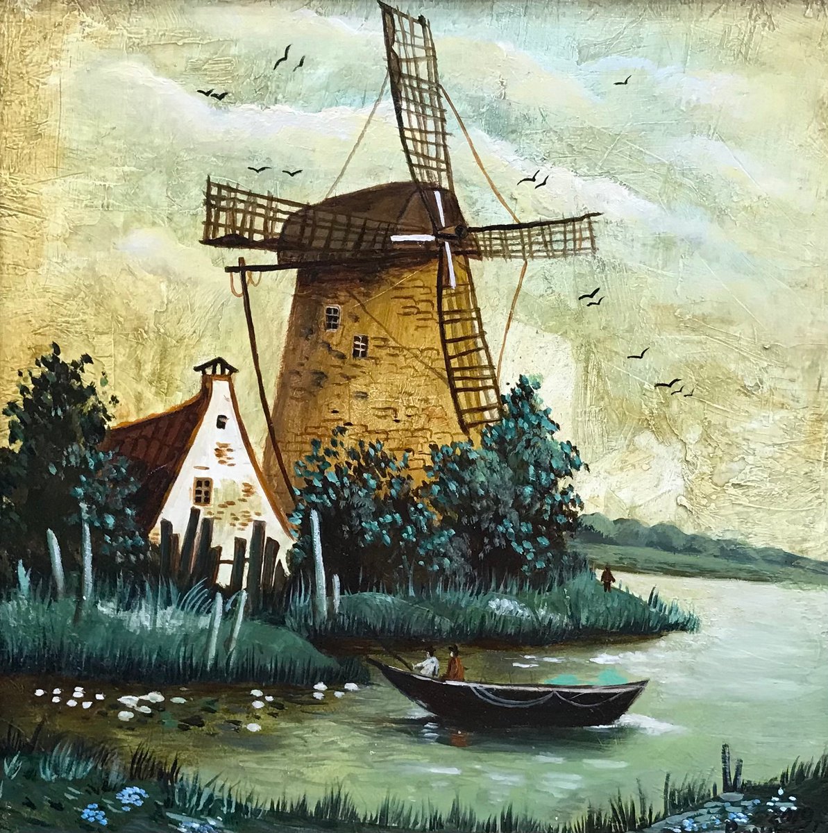 Original oil painting Fishing at the mill - 25x25 cm (2019) by Evgeniya Roslik