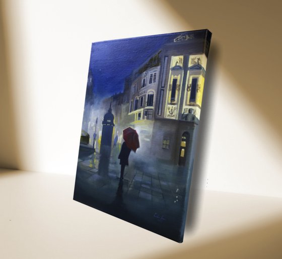 Night in the city with a red umbrella painting